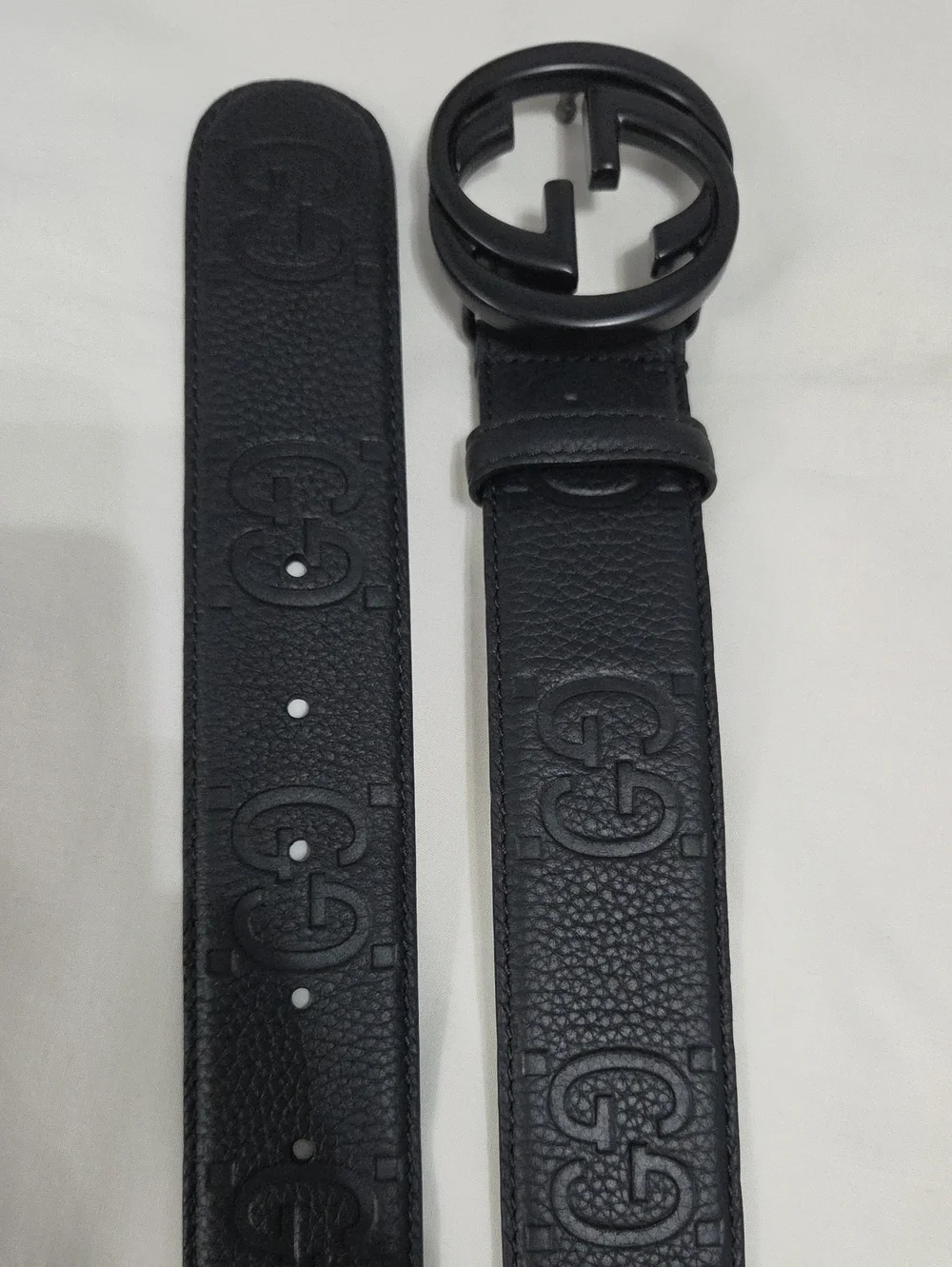 Gucci Black Leather Monogram Belt Black Double GG Buckle